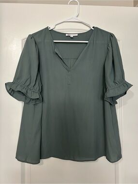 DR2 Sage Green V-Neck Ruffle Sleeve Blouse